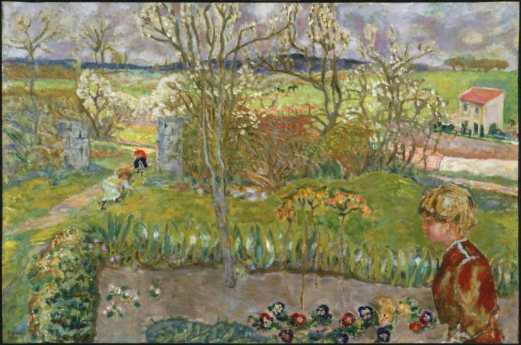 Impressionist painting of an open landscape with children playing in a garden
