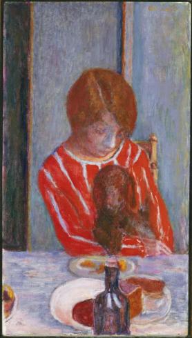 Painting of woman in red dress with white stripes sitting at a table with a brown dog on her lap and some food and drink on the table