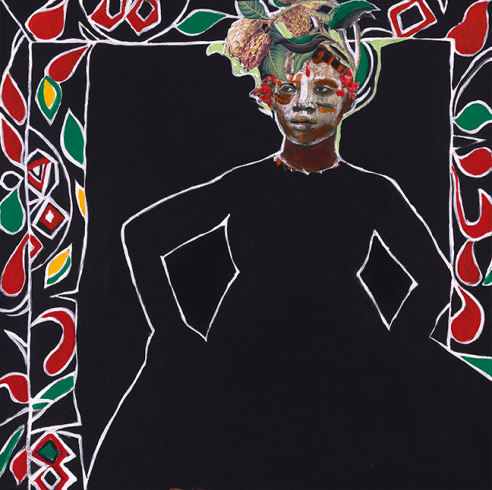 Painting with collage of a Black woman wearing a black dress with a red and green floral border and