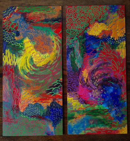 Two vertical panels of long colorful swirls