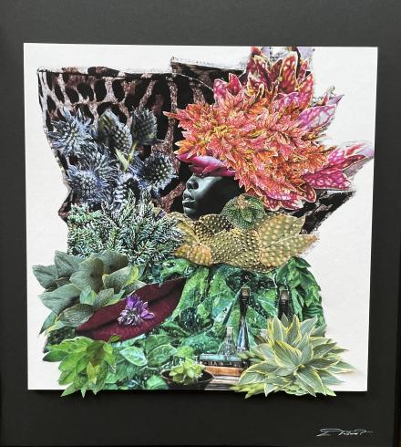 Collage of various color plants and a face peaking out