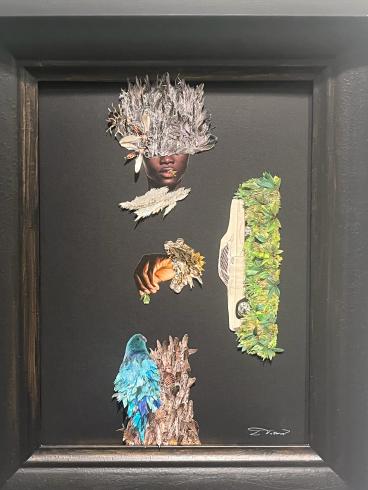 Collage on a black background in a black frame