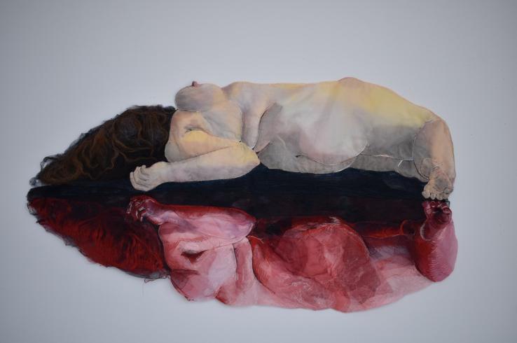 HONORABLE MENTION: Katie O'Keefe (Baltimore, MD), Paralysis, 2025, Freehand machine embroidery on tulle fabric and hand embroidery on silk organza, 29 x 48 in.