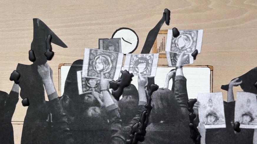Mojdeh Rezaeipour (Oakton, VA) Classroom Solidarities: Jin Jiyan Azadi 2022–26 Video installation, blackboard, acrylic and spray paint on classroom desk chairs, shelf, postcards, pencils, and mailbox Dimensions variable