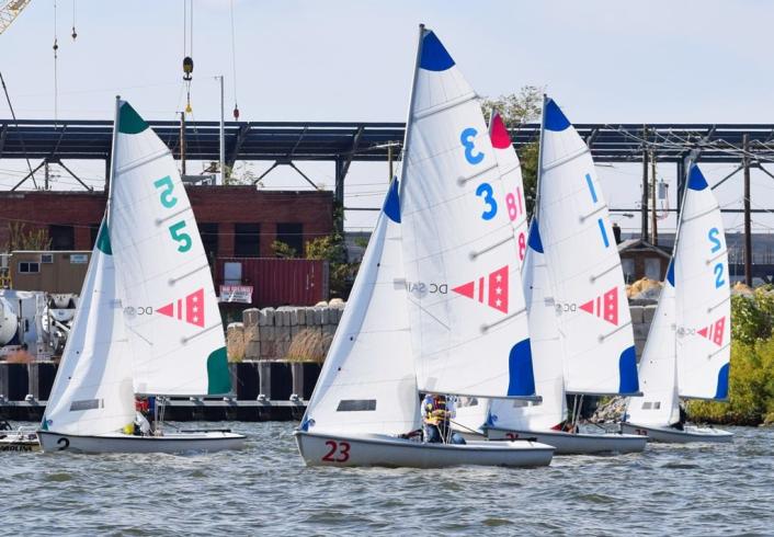 Five sailboats on the water
