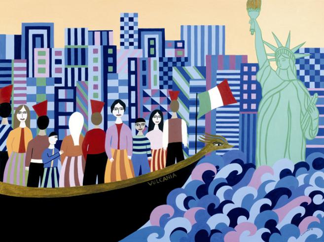 colorful image of people arriving to New York on a boat, with the Statue of Liberty in the background