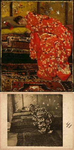 top: Girl in Red Kimono, Geesje Kwak (1893-95), bottom: Girl in a kimono (Geesje Kwak) in Breitner’s studio on Lauriersgracht, Amsterdam (n.d.)