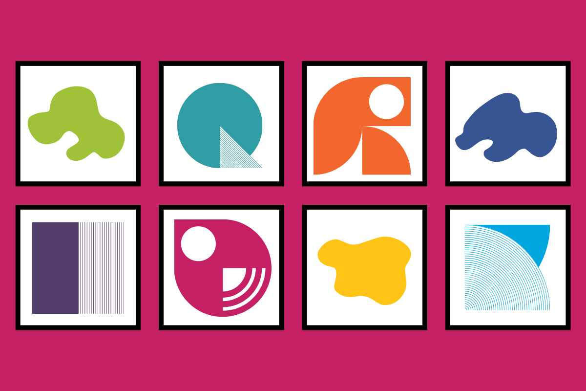A grid of 8 squares with colorful shapes in them on a pink background