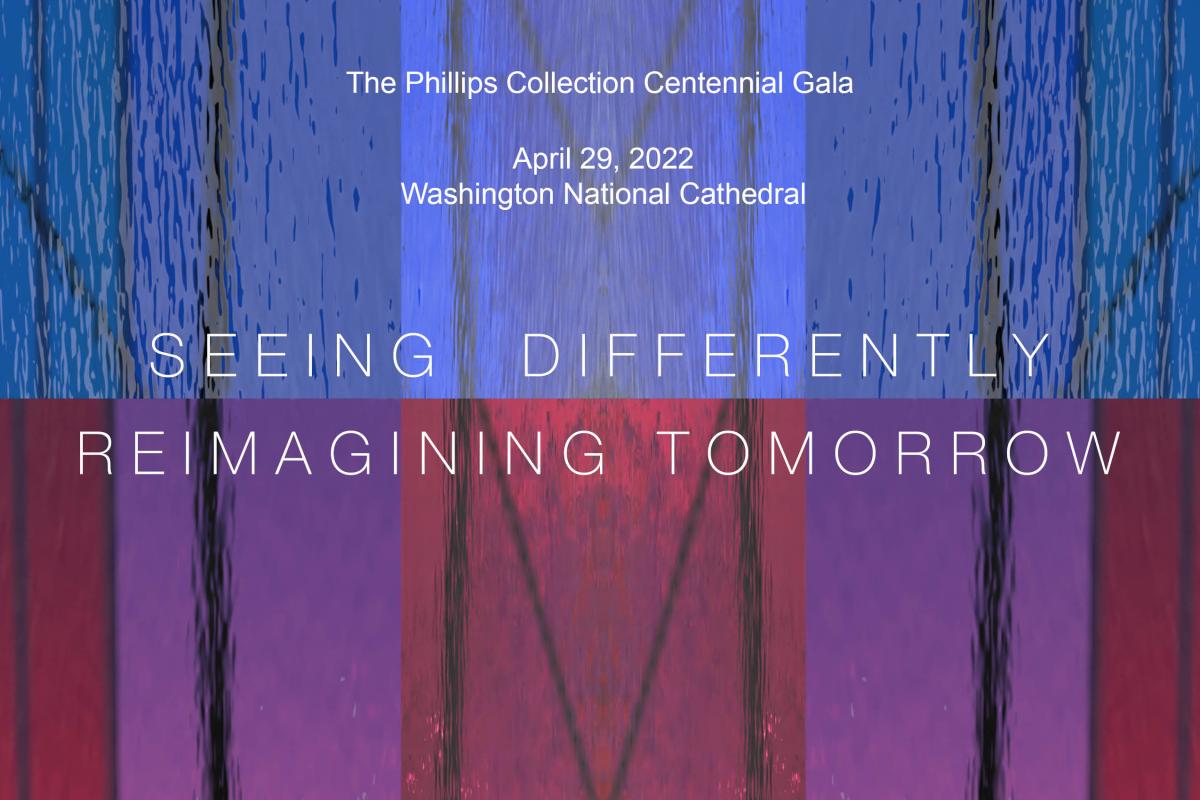 Close-up of blue and purple stained glass window, with Centennial Gala information