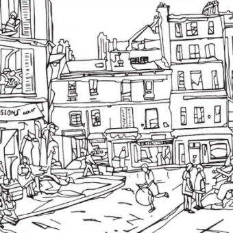 Coloring page of a Parisian street scene 