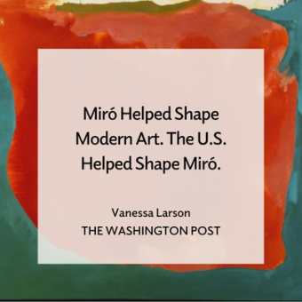 Helen Frankenthaler, Canyon, 1965, Acrylic on canvas, 44×52in., The Phillips Collection, The Dreier Fund for Acquisitions and funds given by Gifford Phillips, 2001 © 2026 Helen Frankenthaler Foundation, Inc. /Artists Rights Society (ARS), New York; Text overlay reads "Miró Helped Shape Modern Art. The U.S. Helped Shape Miró., Vanessa Larson, The Washington Post." 