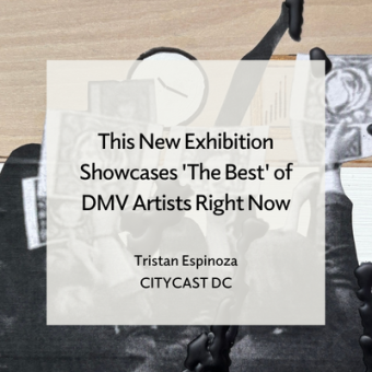 Mojdeh Rezaeipour, California Classroom Solidarities: Jin Jiyan Azadi, 2022-26, Video installation, blackboard, acrylic and spray paint on classroom desk chairs, shelf, postcards, pencils, and mailbox. Text overlay reads "This New Exhibition Showcases 'The Best' of DMV Artists Right Now, Tristan Espinoza, CityCast DC"