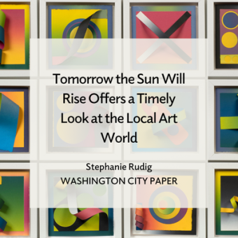 Gail Shaw-Clemons, Shorthand Revisited, 2025, Charbonnel Aqua Wash printing ink on 100% rag paper. Text overlay reads "Tomorrow the Sun Will Rise Offers a Timely Look at the Local Art World, Stephanie Rudig, Washington City Paper."