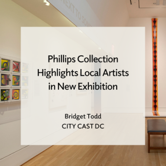 Installation image of Tomorrow the Sun Will Rise: The Phillips Collection Juried Exhibition. Photo: Lee Stalsworth Photography. Text overlay reads "Phillips Collection Highlights Local Artists in New Exhibition, Bridget Todd, City Cast DC"